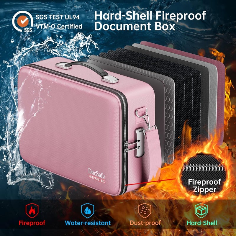 DocSafe Fireproof Document Box with Lock＆Shoulder Strap,Hard Case File Organizer with Accordion File Folder,Multi-Layer Portable Home Office Travel Safe Storage for Important Documents Laptop Pink - Image 2